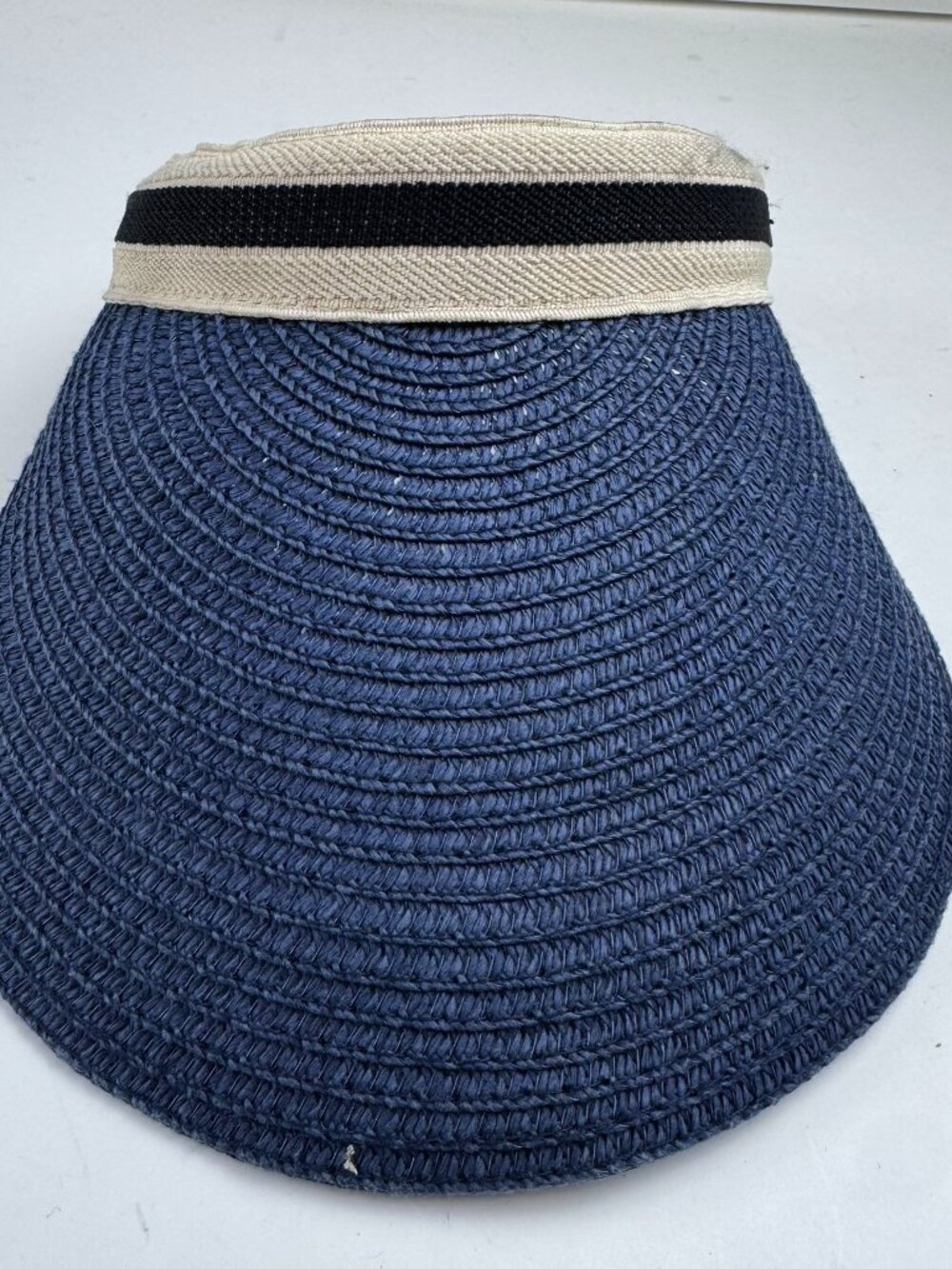 Womens Straw Sun Visor Hat Navy Striped Headband Open Top Beach Resort Stain